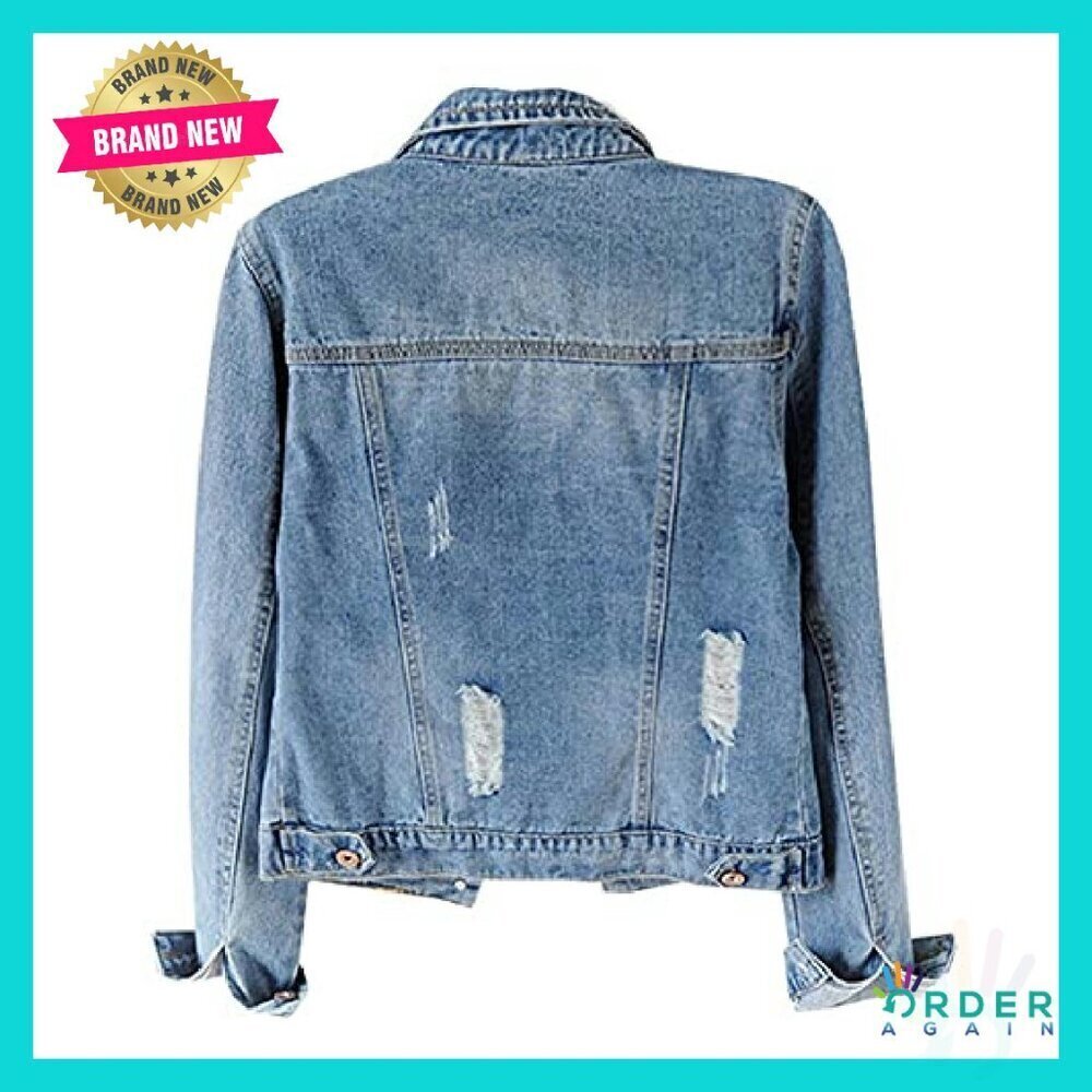 Distressed Ripped Denim Jacket Classic Vintage Trucker Fit Long Sleeve - Picture 4 of 8